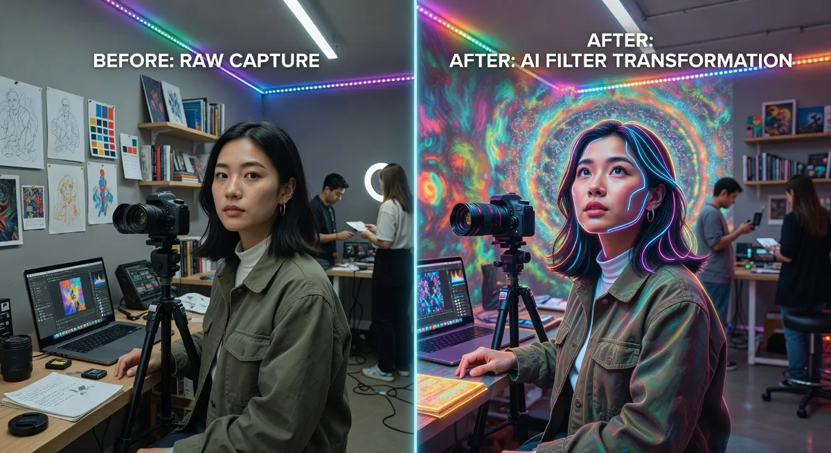 AI photo filter transformations showing before and after, artistic styles and effects, professional photography workflow, vibrant creative workspace