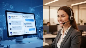 Split comparison of AI chatbot interface and human customer service agent