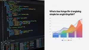 Side by side comparison of complex SQL code versus simple English question producing the same data result