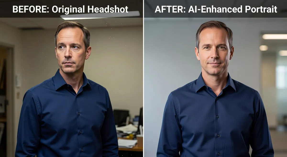 Before and after comparison of professional headshot photos, AI enhancement showing natural lighting and background improvement for LinkedIn profile