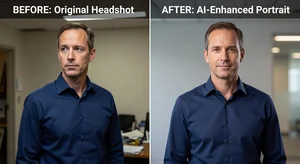 Before and after comparison of professional headshot photos, AI enhancement showing natural lighting and background improvement for LinkedIn profile