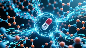 Abstract visualization of AI scanning through millions of molecular combinations with data streams converging on an optimal drug candidate