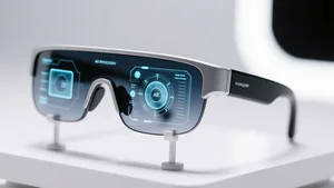 Close up of modern AI smart glasses on a display stand showing transparent AR interface elements