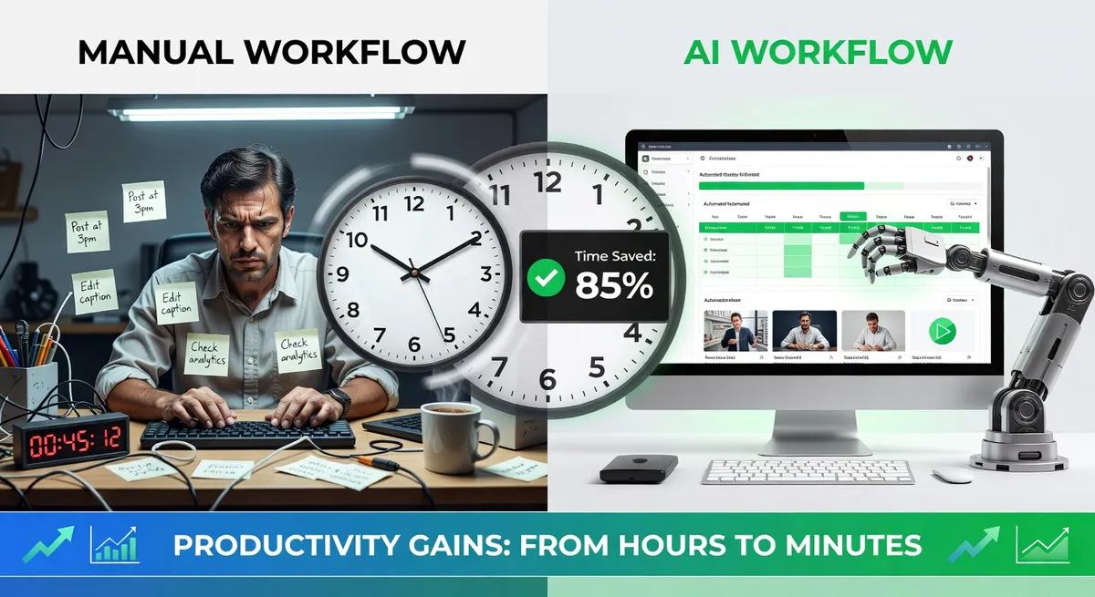 Split screen comparison showing traditional content creation workflow versus AI assisted workflow with time stamps and efficiency metrics