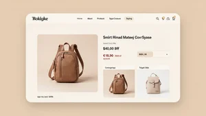 A modern e-commerce product page with warm beige background, soft shadows, rounded corners, and clean product photography creating an inviting shopping experience