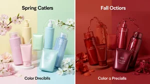 Seasonal examples of color drenching showing spring pastels versus fall deep tones for the same product category across different times of year