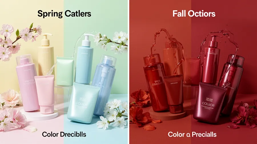 Seasonal examples of color drenching showing spring pastels versus fall deep tones for the same product category across different times of year