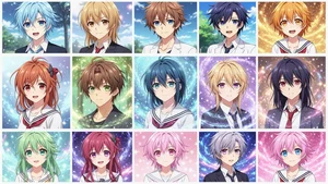Collection of photos transformed into anime style showing different subjects, expressions, and compositions