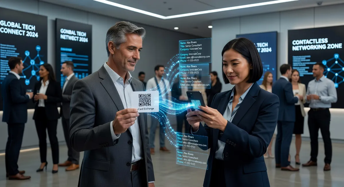 Person scanning a QR code business card at professional networking event, contactless digital connection, vCard data transfer visualization