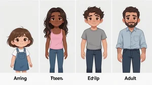 Character consistency across different age progressions showing the same character as child, teen, and adult