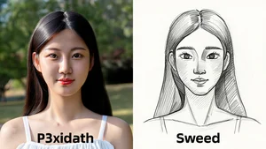 Comparison grid showing photo to pencil sketch conversion in different artistic styles