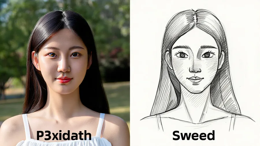 Comparison grid showing photo to pencil sketch conversion in different artistic styles