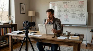 A content creator sitting thoughtfully with a camera and notebook, taking a deliberate approach to video production quality rather than a high-speed rushed approach, representing the shift from volume to depth in content strategy