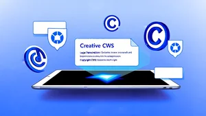 Creative Commons and copyright symbols floating above a digital canvas with AI artwork
