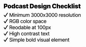 A podcast design checklist displayed as a graphic, showing the key requirements including minimum 3000x3000 resolution, RGB color space, readable at 100px, high contrast text, and simple bold visual element, all marked with checkmarks on a clean white background