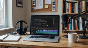 AI script writing interface on a laptop with a video editing timeline