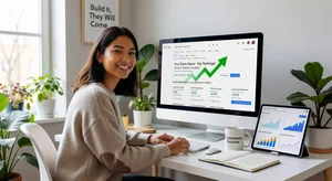 Store owner reviewing growing search rankings and product visibility results, satisfied with e-commerce SEO progress, bright optimistic workspace