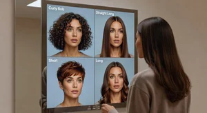 Woman seeing different hairstyles on herself in AI mirror app, virtual hair consultation showing curly bob straight long and short options on same face