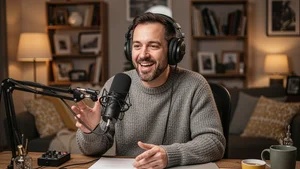 Podcaster recording episode with headphones in engaging studio environment