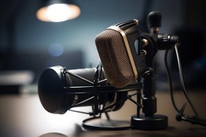 Podcast producer using text-to-speech technology in home studio