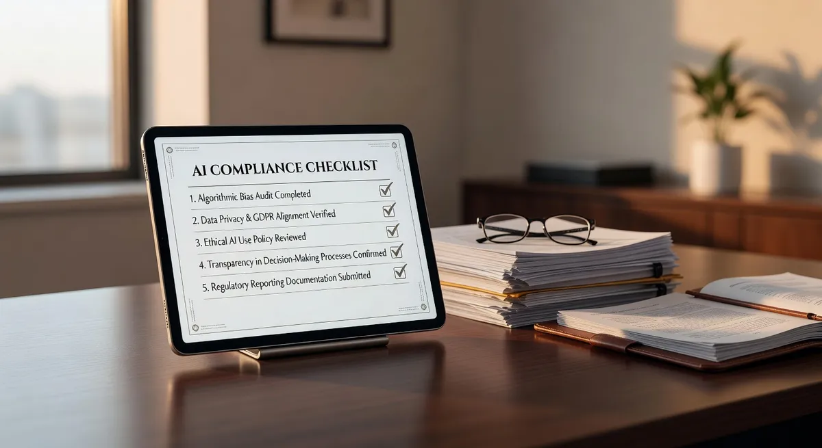 Compliance checklist on a tablet screen showing AI related regulatory items in a professional office setting