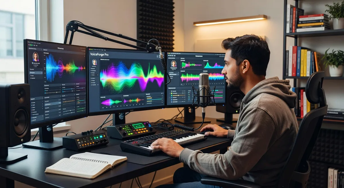 A content creator sitting at a home studio desk with audio equipment, using voice cloning software on multiple monitors showing waveforms and voice profiles