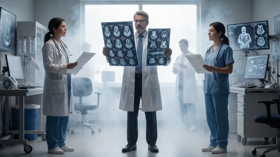 Medical AI analyzing scans and patient data together in clinical setting