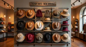 Collection of trendy hats on display rack in fashion retail setting