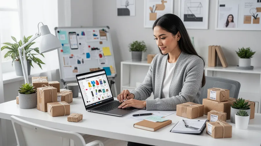 Ecommerce business owner managing online store with product samples in modern workspace