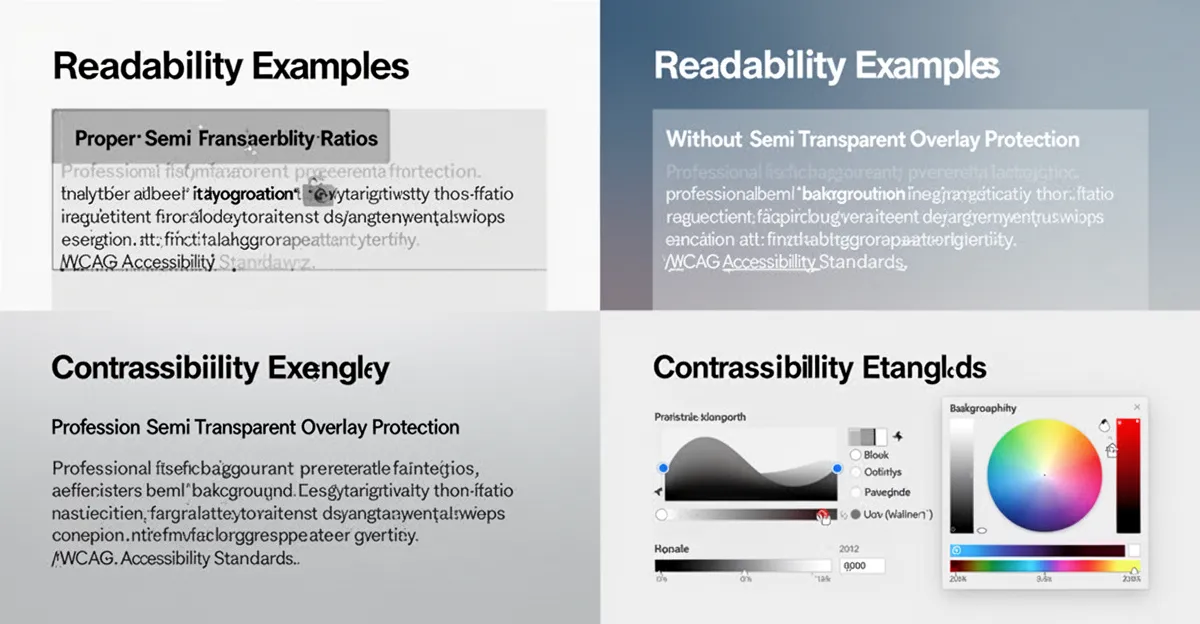 Text readability examples showing proper contrast ratios over gradients with and without semi transparent overlay protection