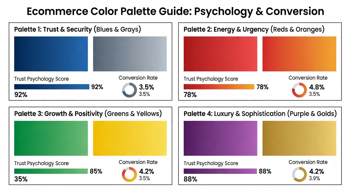 A visual guide showing four ecommerce color palette combinations with gradient swatches, trust psychology scores, and typical conversion rate lift percentages, presented in an infographic style on a white background