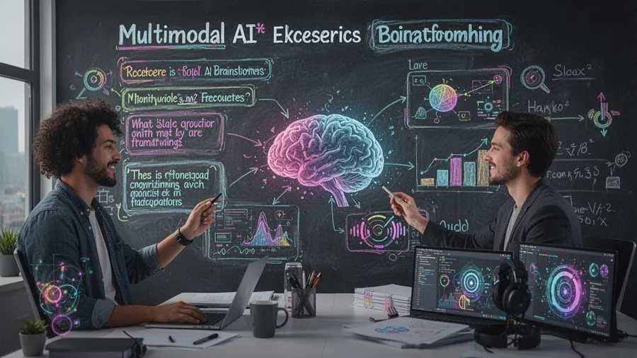 Creative professional using multimodal AI for brainstorming with text, images, and audio all contributing to ideation