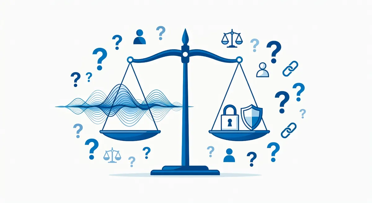 An abstract representation of ethical considerations in AI, showing balanced scales with sound waves on one side and privacy symbols on the other, surrounded by question marks