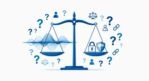 An abstract representation of ethical considerations in AI, showing balanced scales with sound waves on one side and privacy symbols on the other, surrounded by question marks