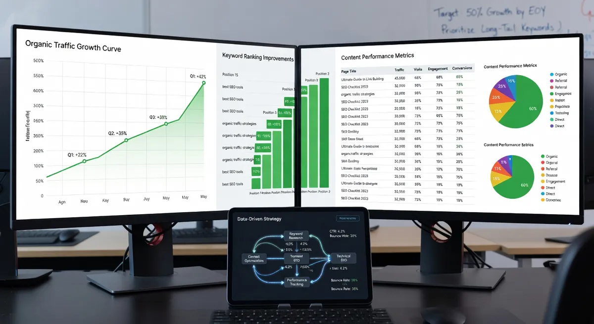 SEO analytics dashboard showing organic traffic growth curve, keyword ranking improvements and content performance metrics on monitors