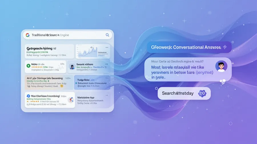 Abstract visualization of search results transforming from traditional grid layout to AI conversational answers