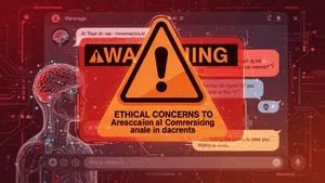Warning sign overlaid on AI chat interface showing ethical concerns in red and orange cautionary tones