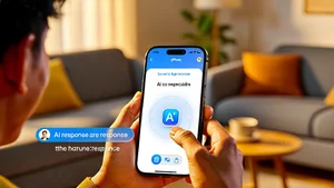 Person naturally speaking to their iPhone with AI response shown as floating text alongside relevant app actions, casual living room, warm lighting