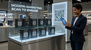 Product packaging and marketing materials featuring QR codes, retail display, customer scanning code with smartphone, modern marketing