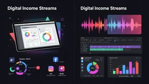 Dashboard showing various digital income streams including analytics charts and social media metrics
