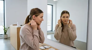 Woman examining different ear piercing placement options in mirror at modern salon