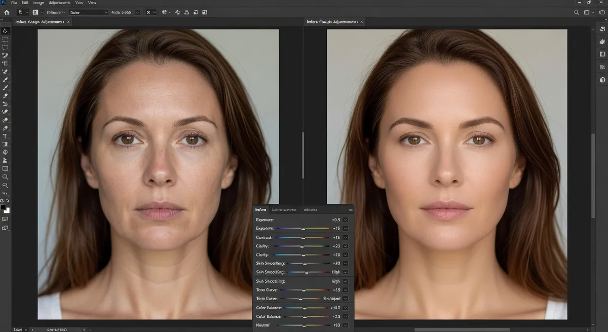 Photo editing interface showing before and after comparison with adjustment controls