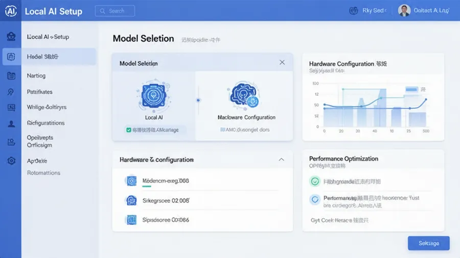 Local AI setup interface showing model selection, hardware configuration, and performance optimization options