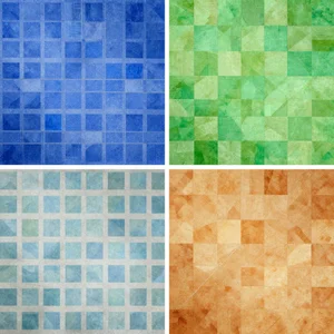 A collage showing four different AI generated background variations in blue, green, and warm tones, each with different geometric patterns and styles