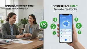 Split comparison showing an expensive human tutor session on one side versus an affordable AI tutor app on a phone on the other, highlighting the cost difference