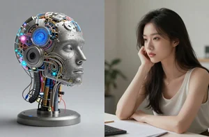 A split screen showing both AI generated elements and refined human creative work, symbolizing the partnership between technology and artistic vision