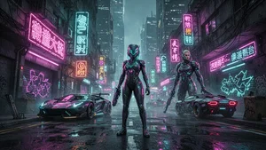 Close-up of cyberpunk-styled character with neon makeup and holographic accessories in moody blue and pink lighting