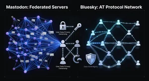 Mastodon and Bluesky decentralized social network interface showing federated server nodes, user data privacy ownership visualization