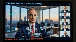 Deepfake video call with glitch artifacts revealing deception on corporate meeting screen