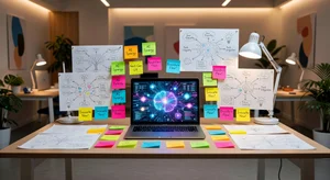 Creative brainstorming workspace with AI content idea generation tools on laptop screen